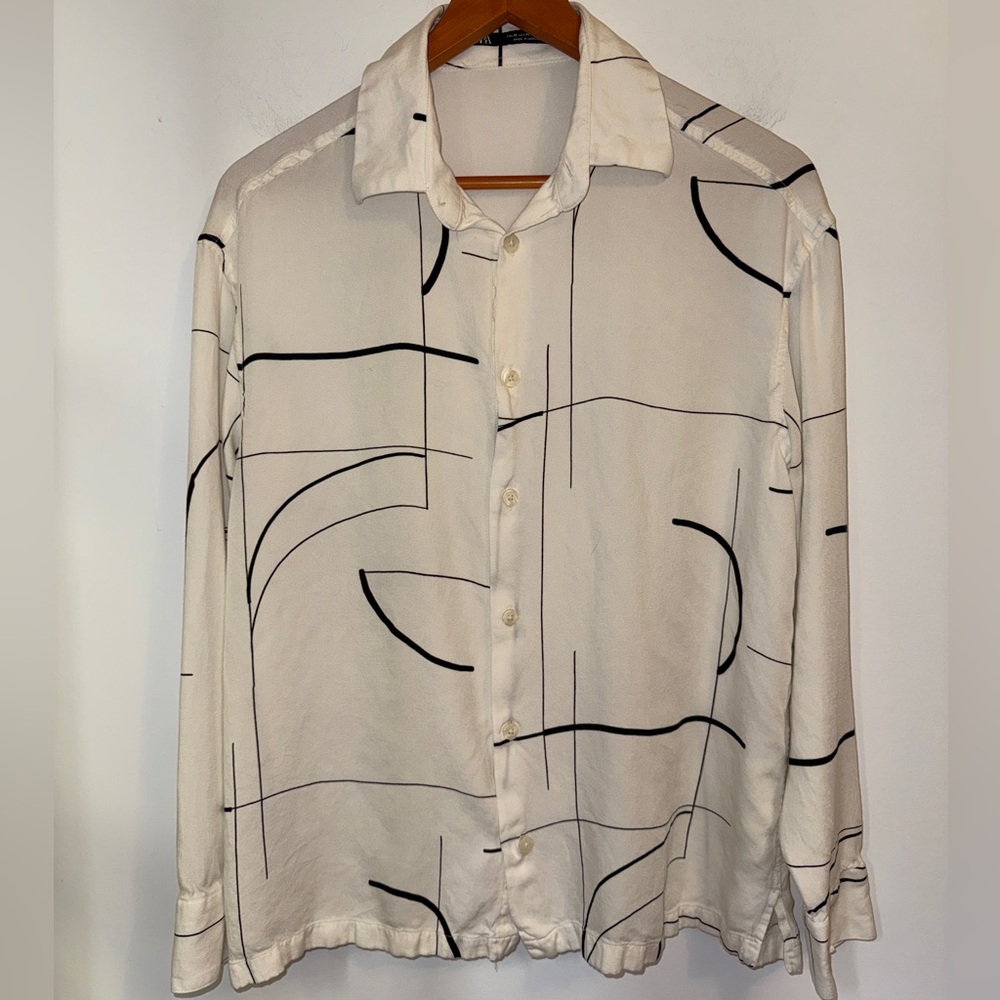 Zara Man White Black Abstract Line Print Button-Up Shirt Size M - Picture 2 of 13